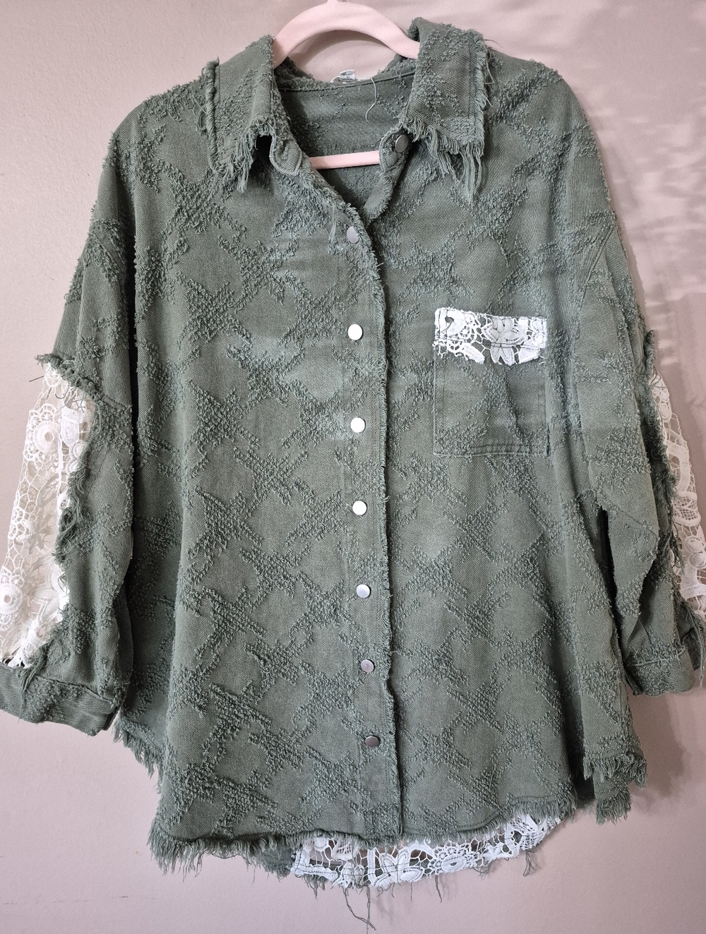 POL Olive Green Distressed Button-Up Jacket with Lace Trim